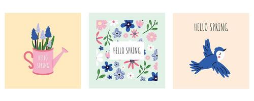 Vector set of spring greeting cards with flowers, bird, watering can. Greeting card, poster, template. Spring mood. Minimalist postcard with spring theme. Hand drawn style.