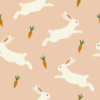 Cute seamless pattern with a bunny and a carrot. White rabbit. Minimalistic print for printing on fabrics. Spring background. Vector illustration.