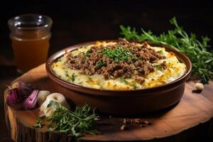 AI generated Delicious shepherds pie with minced meat and mashed potatoes for restaurant menu. photo