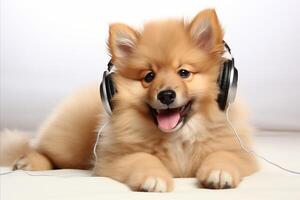 AI generated Cheerful dog dj wearing headphones, enjoying music with ample space for captions photo