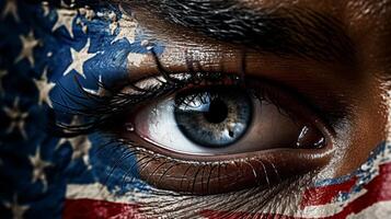 AI generated Close-up of persons eye with intricate flag designs, showcasing artisanal craftsmanship photo