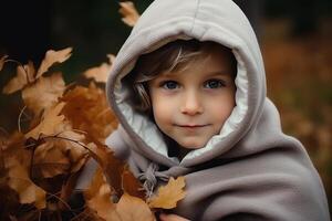 ai generado entusiasta preadolescente chico con radiante sonrisa, disfrutando el sereno otoño paisaje foto