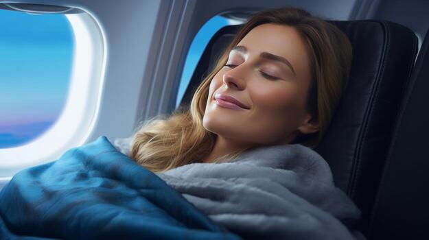 AI generated Woman sleeping in business class seat on blurred airplane background with copy space photo