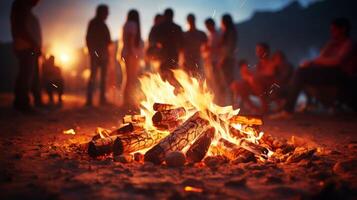 AI generated Group of friends and family gathered around roaring bonfire in barbecue pit with copy space photo