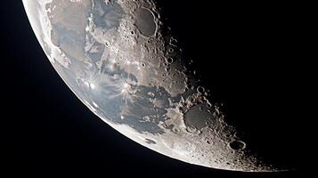 AI generated Close up of moon during partial eclipse, focusing on its unique surface and dramatic shadows photo