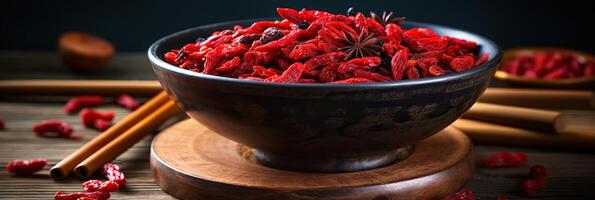 AI generated Delicious goji berries - vibrant background banner for health and wellness concept photo