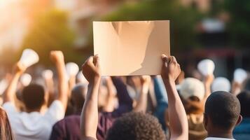 ai generado manifestantes de marcha con blanco bandera, demostración concepto con espacio para texto o logo foto