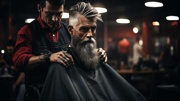 AI generated Man getting haircut in barbershop with space for text overlay, grooming salon setting photo