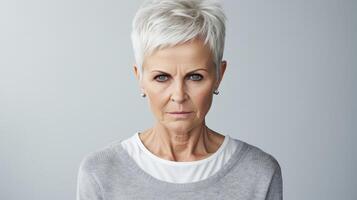 AI generated Angry senior woman staring fiercely at the camera with space for text photo