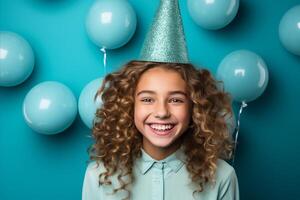 AI generated Happy girl wearing party hat for festive birthday celebration with balloons on the blue background with copy space photo