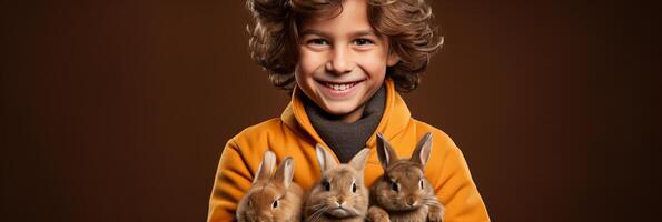 AI generated Banner Happy easter boy holding cute rabbits, smiling, with space for text seasonal holiday concept photo