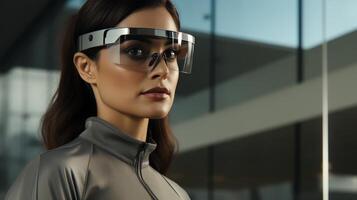 AI generated Closeup of woman experiencing augmented reality with ar glasses and mixed reality headset photo