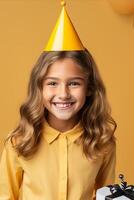 AI generated Cheerful girl in party hat celebrating festive birthday with copy space on yellow background. Vertical photo