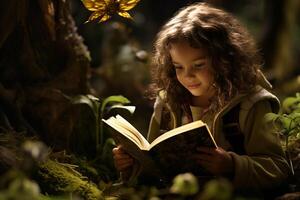 AI generated Enchanting fantasy world. young child reading adventure book in magical illumination photo