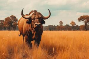 AI generated Safari adventure. Capturing the majestic african buffalo in its breathtaking natural savanna habitat photo