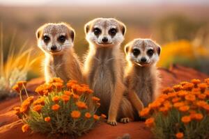 AI generated Meerkat family navigating the vibrant african safari. a heartwarming and captivating scene photo