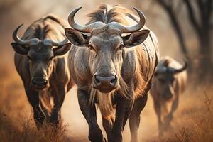 AI generated Majestic wildebeest family safari. Traversing the breathtaking savannah on an unforgettable journey photo