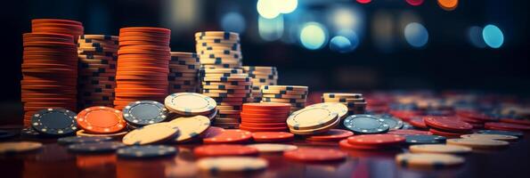 AI generated Colorful casino chips on green felt background with selective focus and copy space. Banner photo