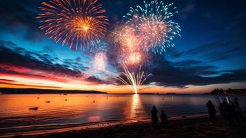 AI generated Explosive display of colorful fireworks lighting up the sky in a vibrant and captivating spectacle photo