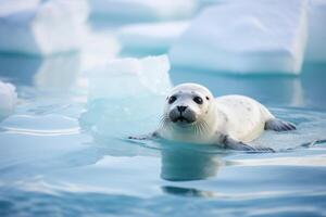 ai generado adorable blanco sello pusa en sus natural ártico Oceano habitat foto