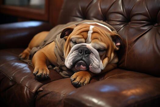 AI generated English bulldog sleeping comfortably on sofa with plentiful room for adding text or messages photo