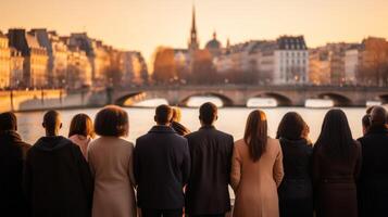 AI generated Diverse multicultural group of people looking towards horizon with copy space for text photo