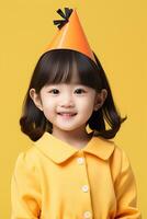 AI generated Happy asian girl in party hat celebrating birthday on yellow background with copyspace photo