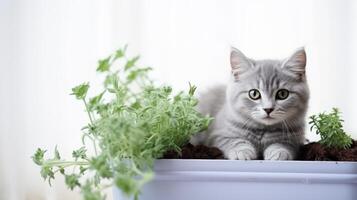 AI generated Adorable playful kitten playfully climbed into a colorful flower pot, space for text on a sunny day photo