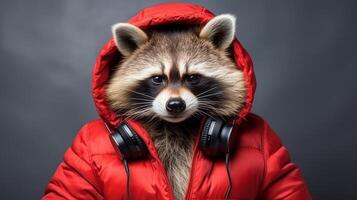 ai generado mapache en rojo chaqueta con auriculares curioso a cámara - bandera con Copiar espacio foto
