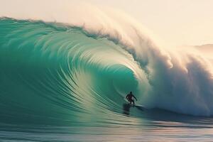 AI generated Adventurous surfer conquers epic wave, providing ample opportunities for compelling text placement photo