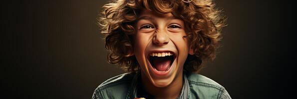 AI generated Happy preteen boy holding banner smiling for commercial advertisement and promotion photo