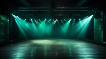 AI generated Modern dance stage with blue and green spotlight illumination for entertaining live performance photo