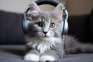 AI generated Adorable dj cat wearing headphones enjoys listening to music with space for text in the background photo