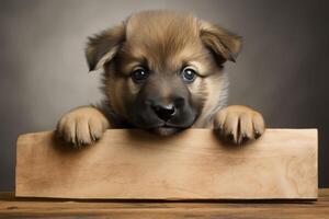 AI generated Cute german shepherd puppy dog with space for text holding a blank sign for mockup photo