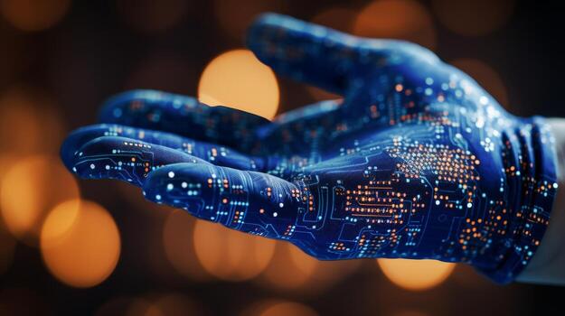 AI generated Detailed shot of cybernetic arm illustrating embedded mechanisms on blurred background photo