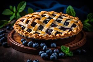 AI generated Delicious blueberry pie bursting with juicy berries for restaurant menu with custom text space photo