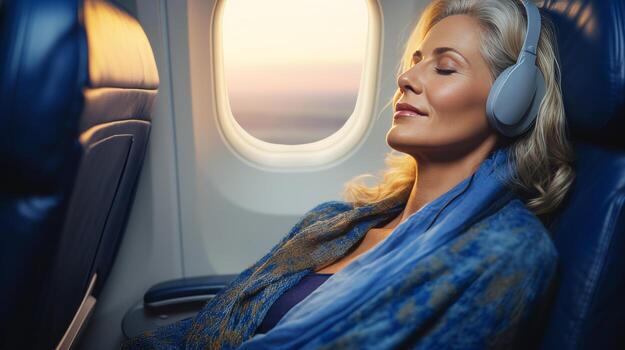 AI generated Woman sleeping in airplane business class seat on blurred background with copy space photo