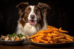 AI generated Adorable dog standing next to an assortment of nutritious and delicious food bowls photo