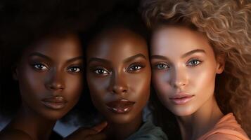 AI generated Close-up detailed shot of diverse skin tones merging harmoniously in warm embraces photo