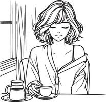 Woman Drink Coffee at Home Sketch Drawing. vector