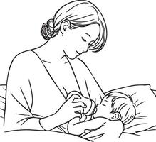 Mother Bottle Feeding Line Illustration. vector