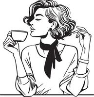 Fashion Woman Drink Coffee Sketch Drawing. vector