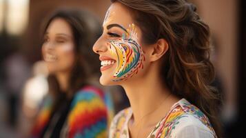 AI generated Close-up of smiling faces with colorful makeup in traditional style on blurred background photo