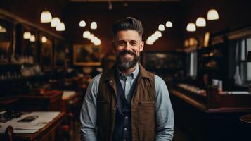 ai generado hermoso hombre esperando a barbería con espacio para agregando texto o logo, moderno interior escena foto