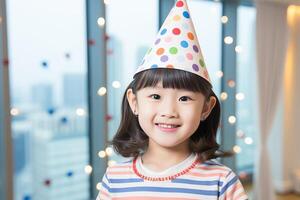 ai generado contento asiático niña vistiendo fiesta sombrero para festivo cumpleaños celebracion con Copiar espacio. foto