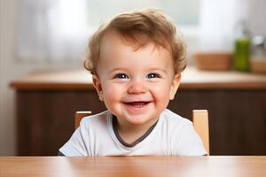 AI generated Happy Smiling Baby Sitting at Table with Blank Space for Text or Advertisements photo