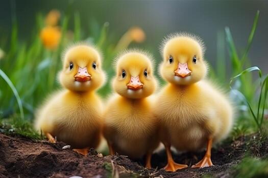 AI generated Adorable ducklings on green grass outdoors with copy space for text and design element photo