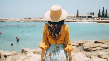 AI generated Woman in sunhat standing on beautiful seaside, concept of relaxation and recreation photo