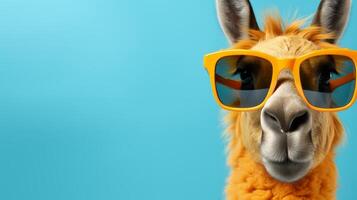 AI generated Funny alpaca in sunglasses on bright blue background, copy space for text, summer fun concept photo