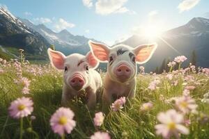 AI generated Adorable piglets wandering in alpine meadows on a sunny day with colorful blooming flowers photo